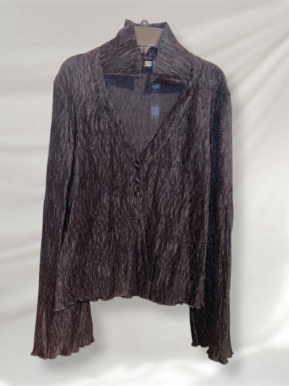 SHEIN Black Crinkle Long-Sleeve V-Neck Blouse